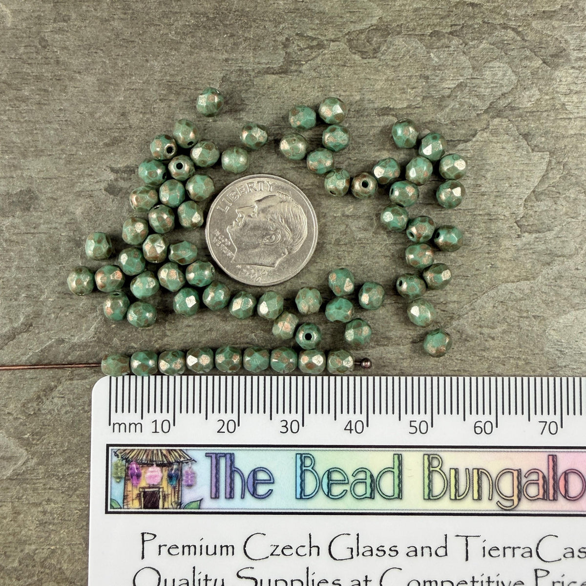 Czech Glass Beads - 4mm Faceted Round, Dark Turquoise with Copper Picasso (R596051) * 50 Beads