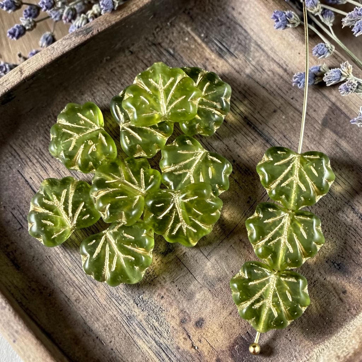 Czech Glass - 10x13mm Maple Leaf Beads, Light Olive Green with Gold Wash (ML/9376) * Qty. 10