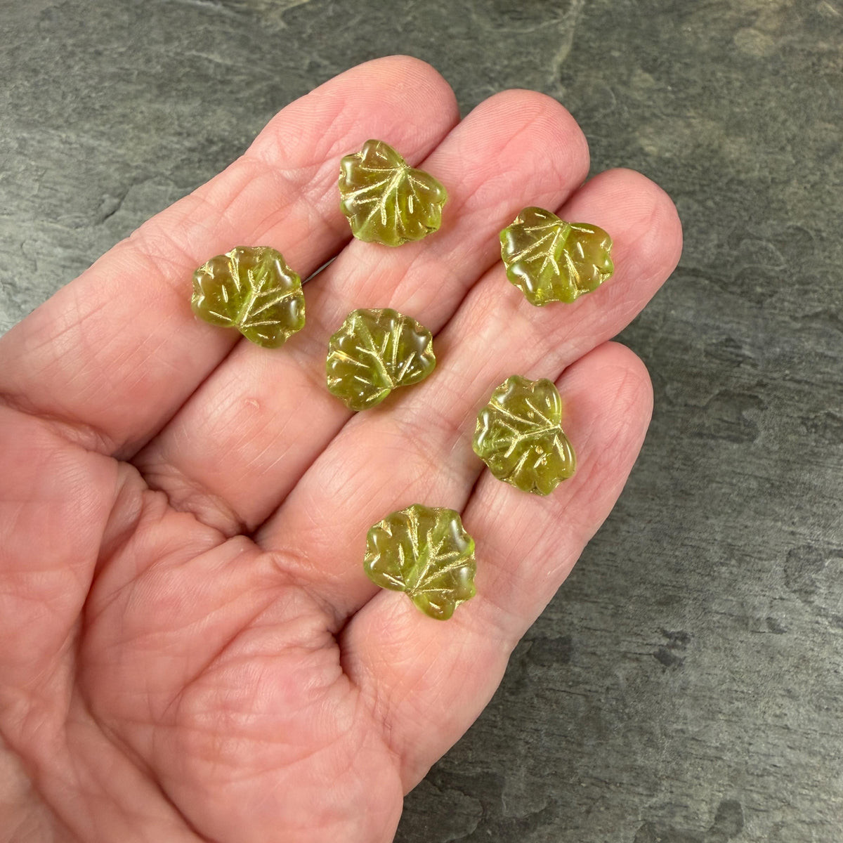 Czech Glass - 10x13mm Maple Leaf Beads, Light Olive Green with Gold Wash (ML/9376) * Qty. 10