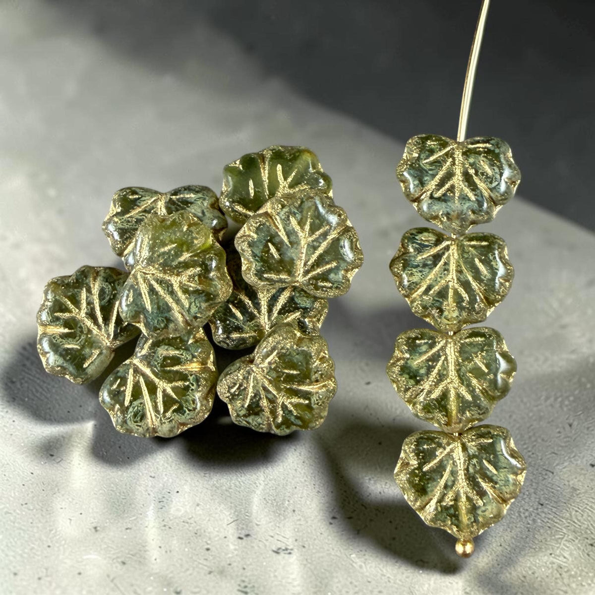 Czech Glass - 10x13mm Maple Leaf Beads, Olive Green with Picasso Finish and Gold Wash (ML/9377) * Qty. 10
