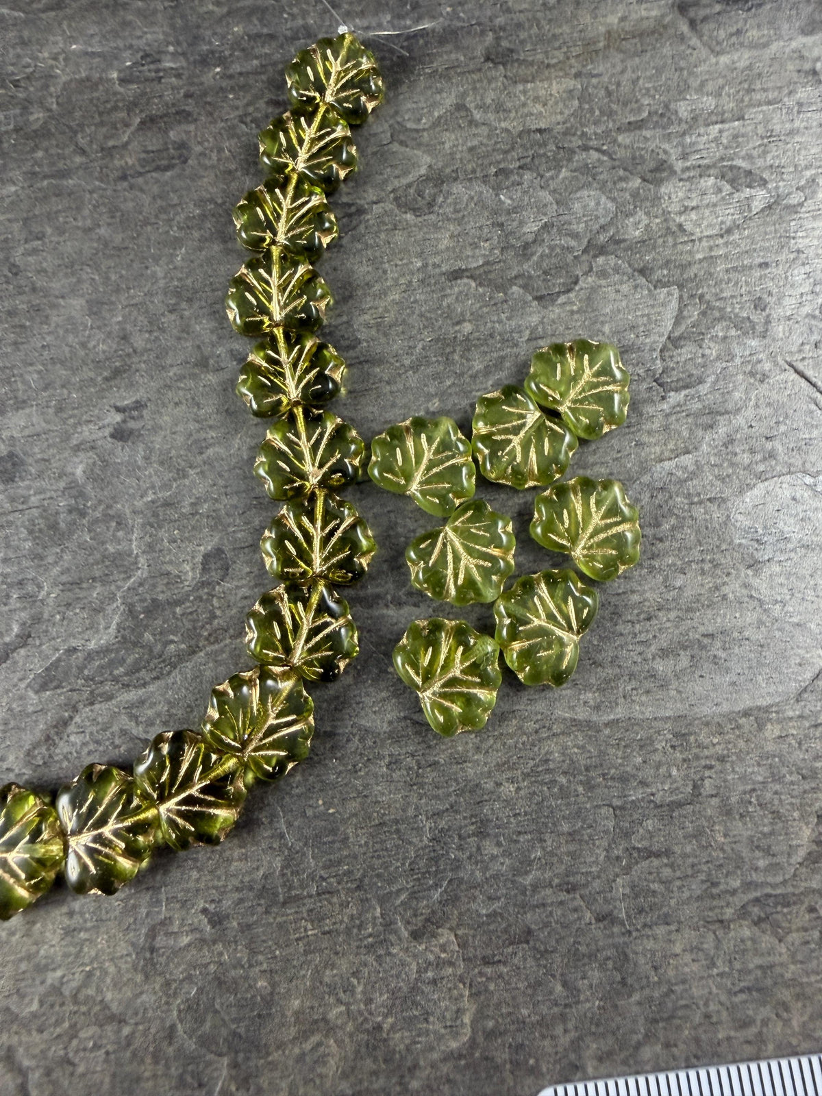 Czech Glass - 10x13mm Maple Leaf Beads, Light Olive Green with Gold Wash (ML/9376) * Qty. 10