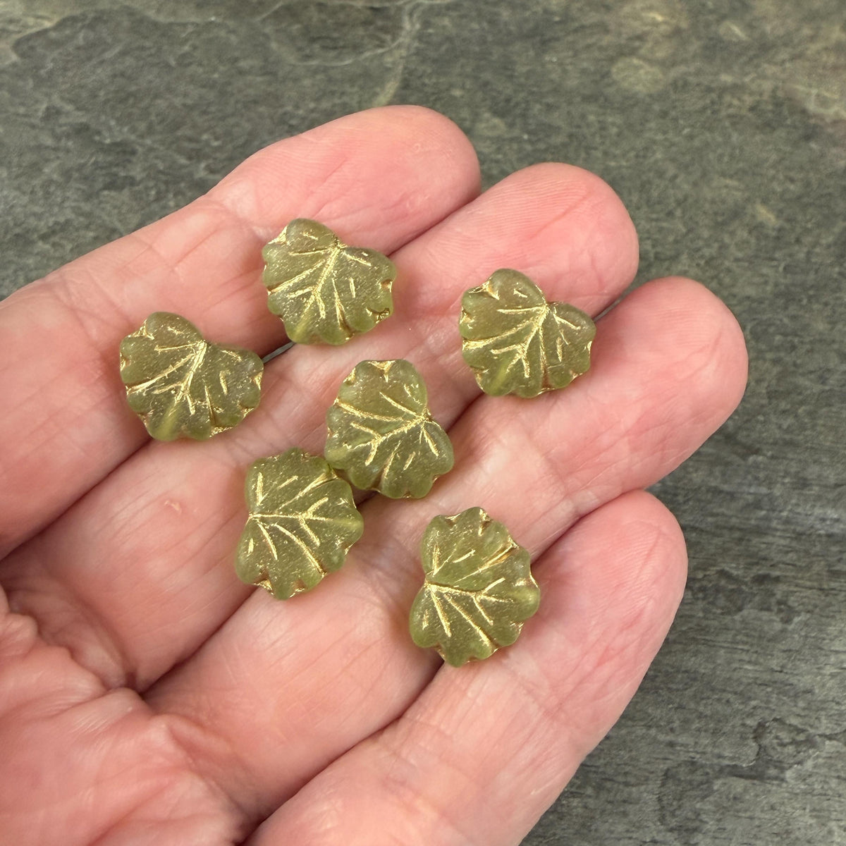 Czech Glass - 10x13mm Maple Leaf Beads, Matte Olive Green with Gold Wash (111303) * Qty. 10