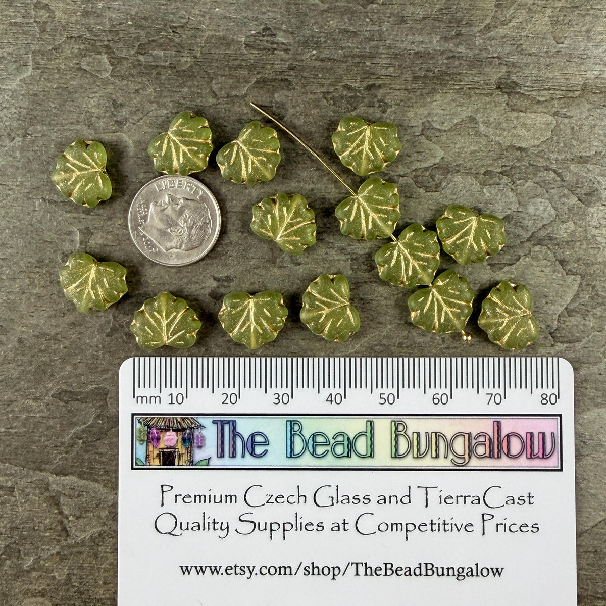 Czech Glass - 10x13mm Maple Leaf Beads, Matte Olive Green with Gold Wash (111303) * Qty. 10