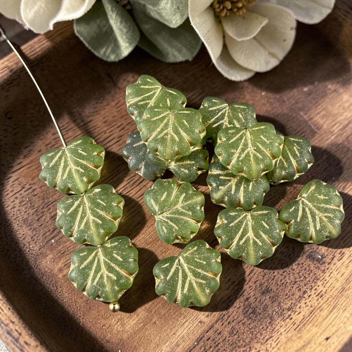 Czech Glass - 10x13mm Maple Leaf Beads, Matte Olive Green with Gold Wash (111303) * Qty. 10