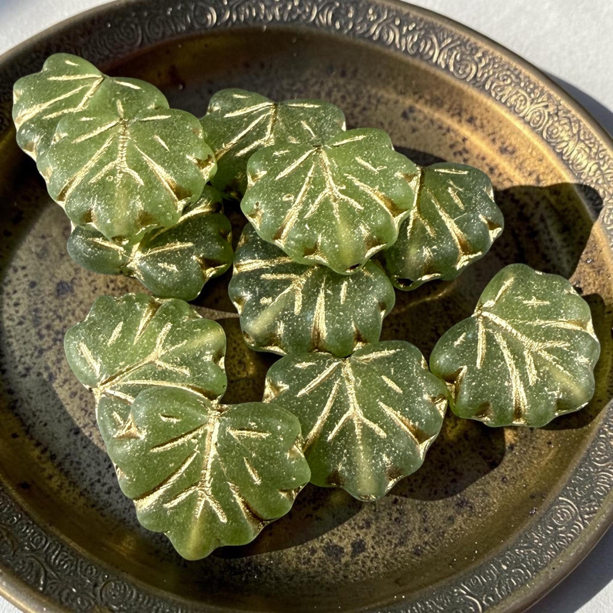 Czech Glass - 10x13mm Maple Leaf Beads, Matte Olive Green with Gold Wash (111303) * Qty. 10