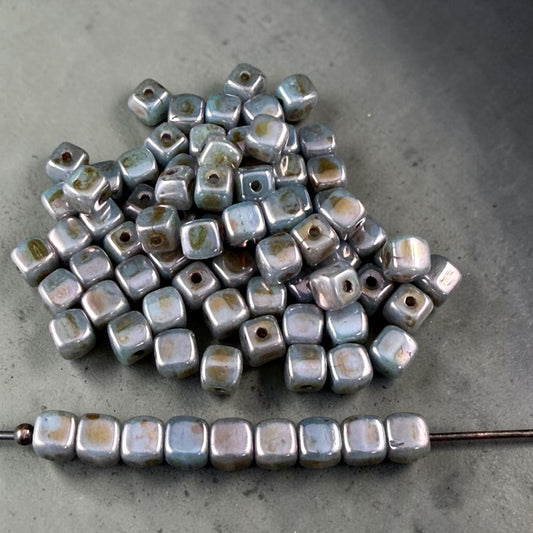 Czech Glass Beads - 3.5mm Cube Beads, Slate Blue, Gray & Lavender Picasso (955656) * Qty. 50