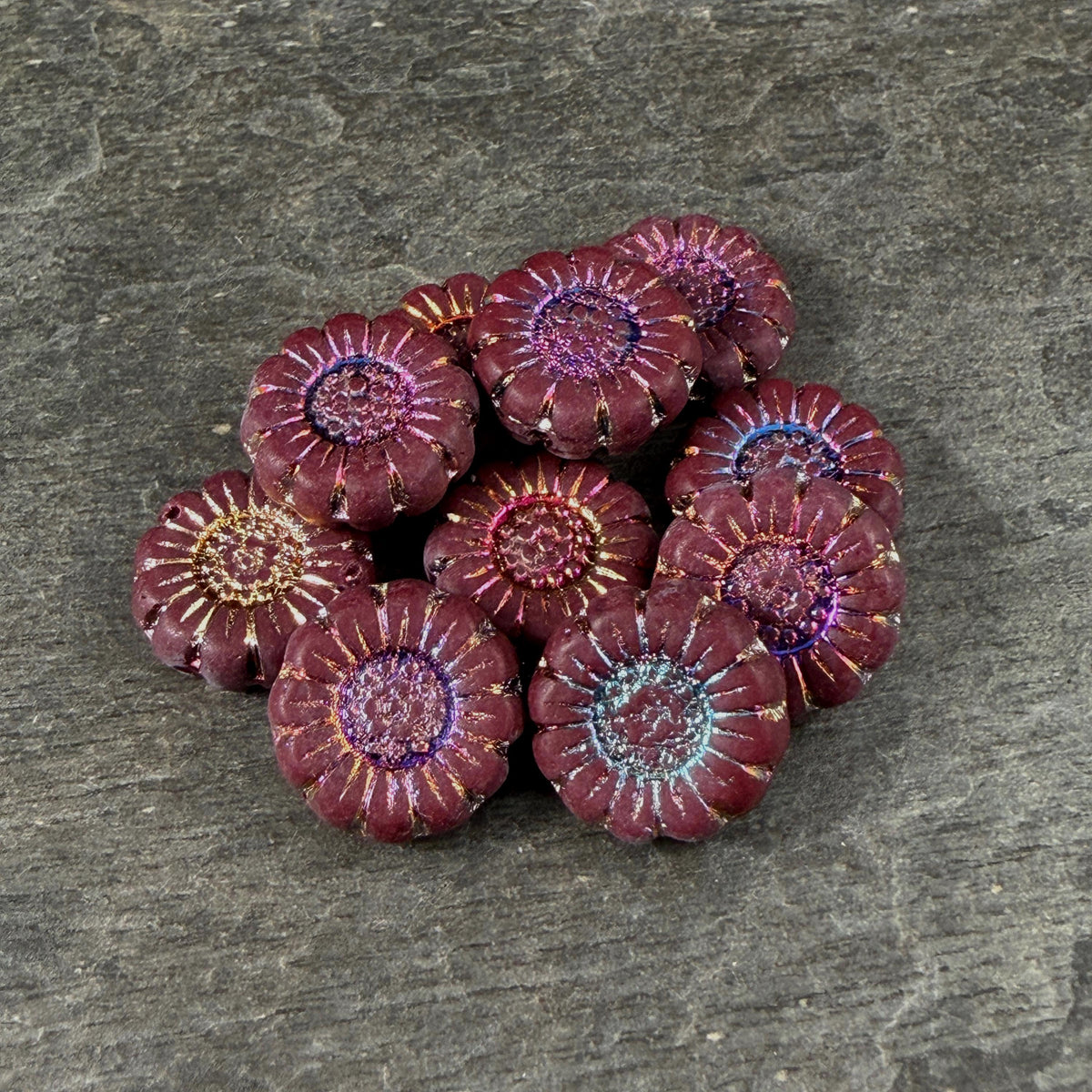Czech Glass Beads - 13mm Sunflower Bead, Matte Maroon with Volcano Wash (SFW/N-0893) * Qty. 10