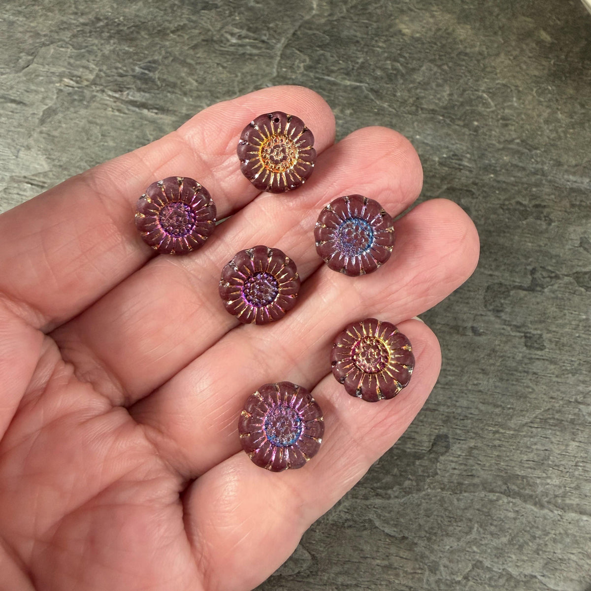 Czech Glass Beads - 13mm Sunflower Bead, Matte Maroon with Volcano Wash (SFW/N-0893) * Qty. 10