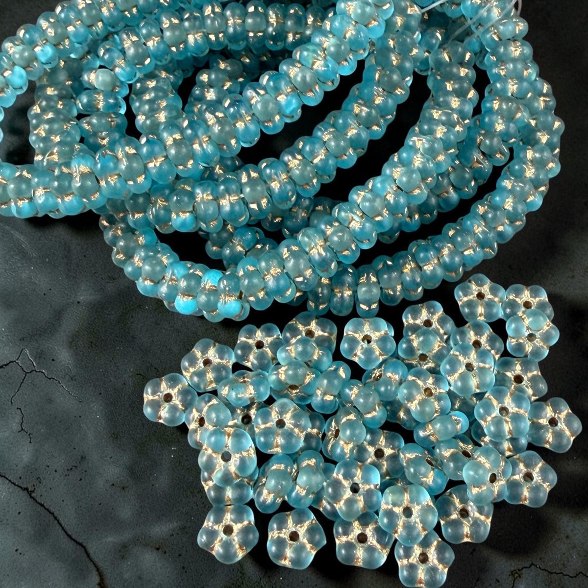 Czech Glass Beads - 5mm Forget-Me-Not Daisy Spacers, Sky Blue with Gold Wash (FMN/N-0812) * Qty. 50