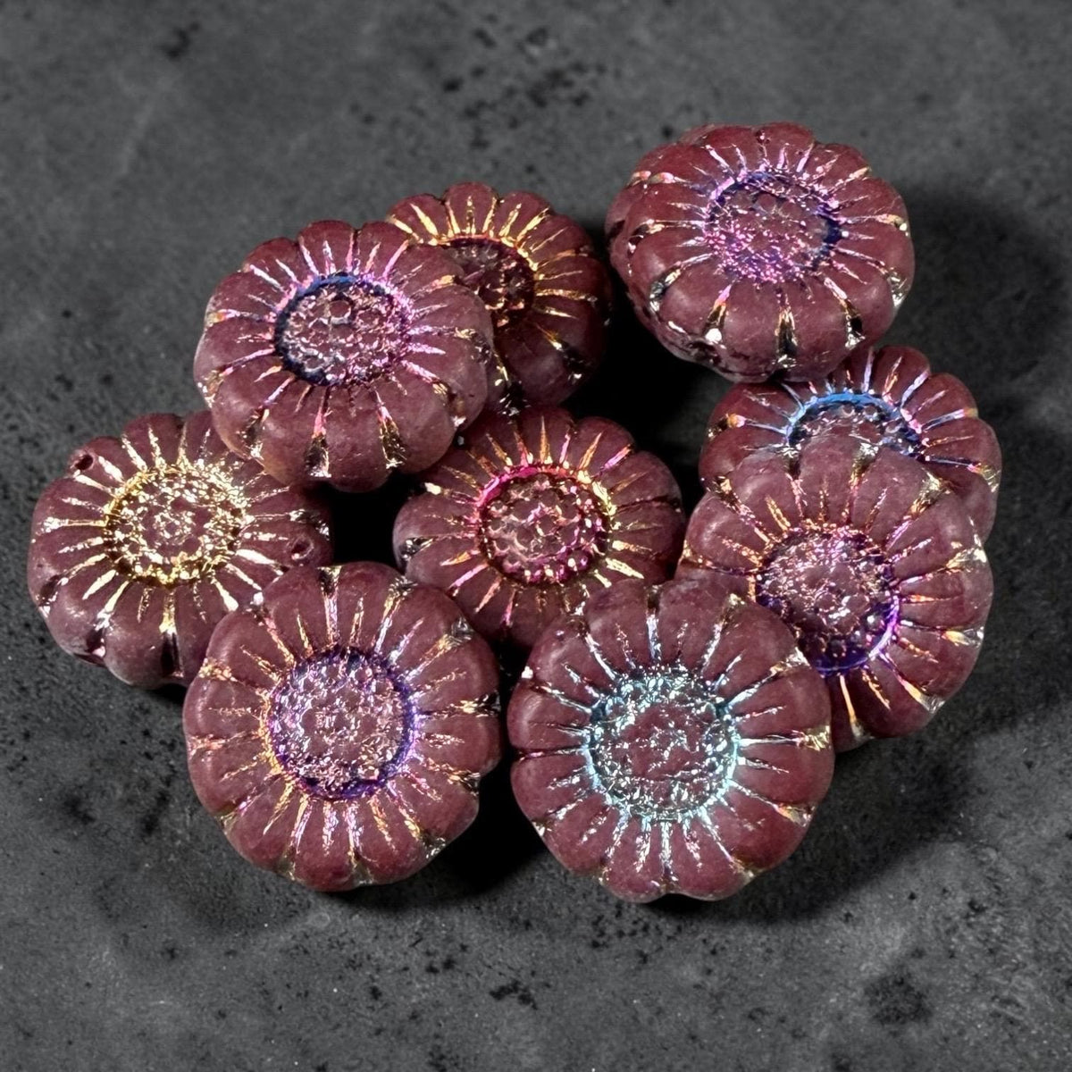 Czech Glass Beads - 13mm Sunflower Bead, Matte Maroon with Volcano Wash (SFW/N-0893) * Qty. 10