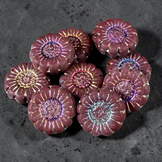 Czech Glass Beads - 13mm Sunflower Bead, Matte Maroon with Volcano Wash (SFW/N-0893) * Qty. 10