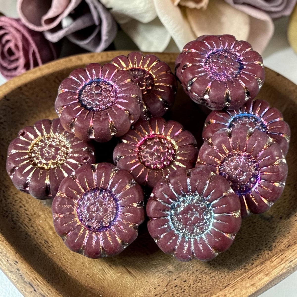Czech Glass Beads - 13mm Sunflower Bead, Matte Maroon with Volcano Wash (SFW/N-0893) * Qty. 10