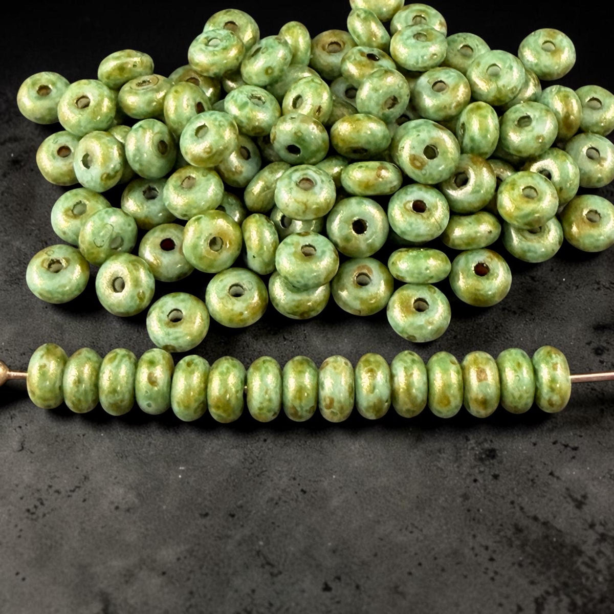 Czech Glass Beads - 2.25x4mm Heishi Rondelle, Bright Green Picasso Luster (951816) * 100 Beads