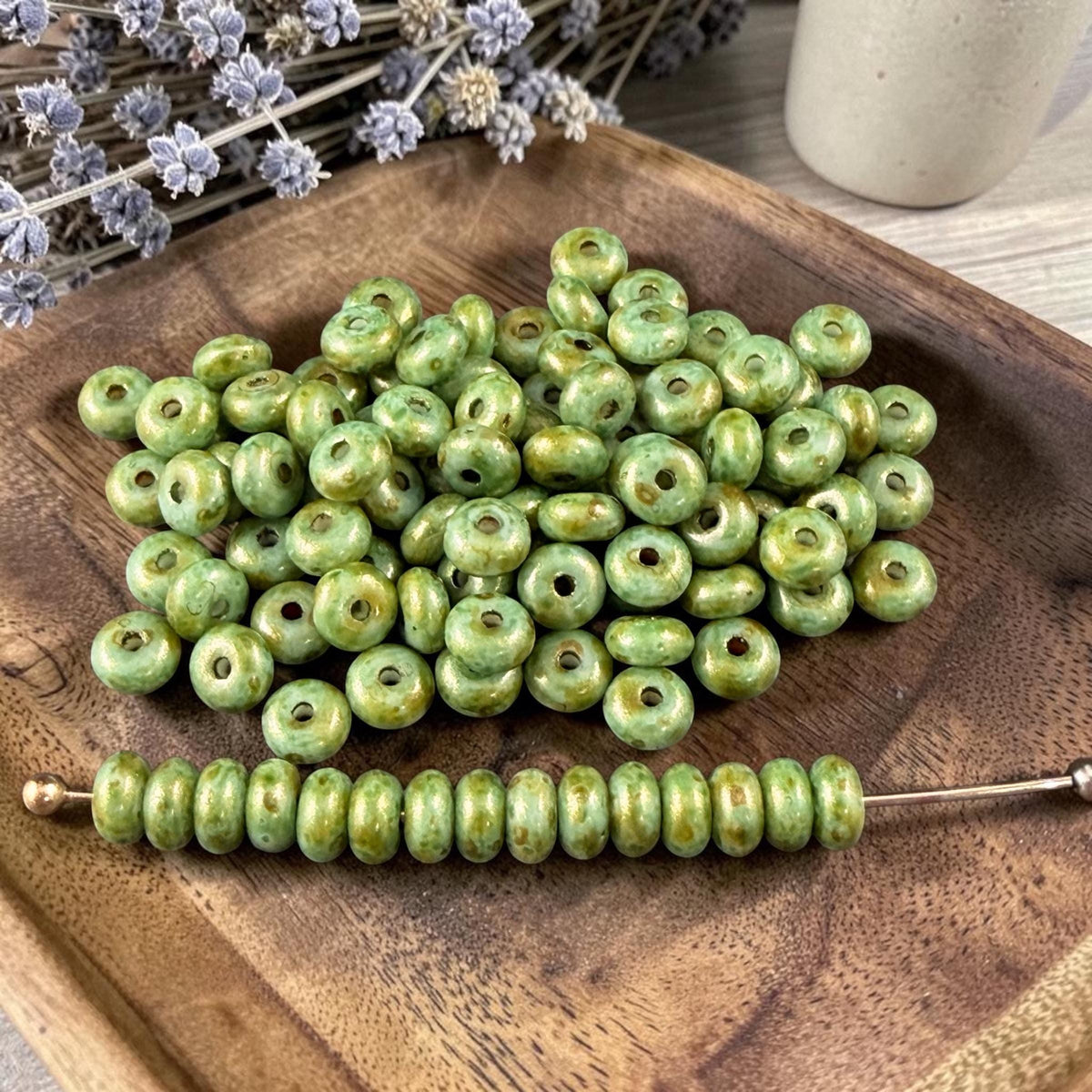 Czech Glass Beads - 2.25x4mm Heishi Rondelle, Bright Green Picasso Luster (951816) * 100 Beads