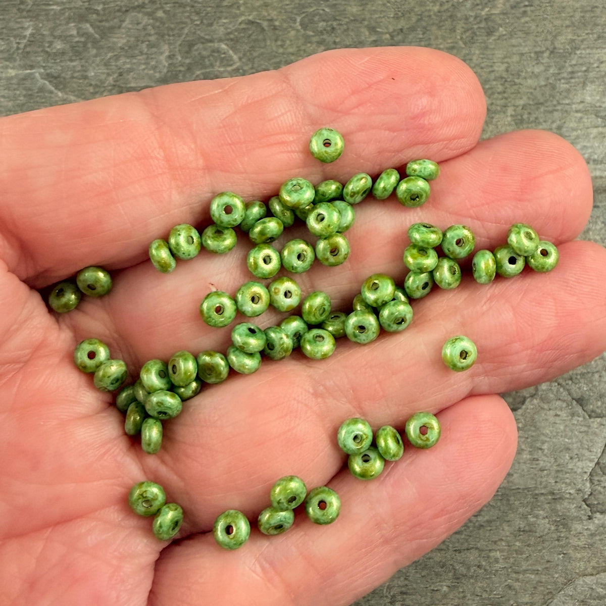 Czech Glass Beads - 2.25x4mm Heishi Rondelle, Bright Green Picasso Luster (951816) * 100 Beads