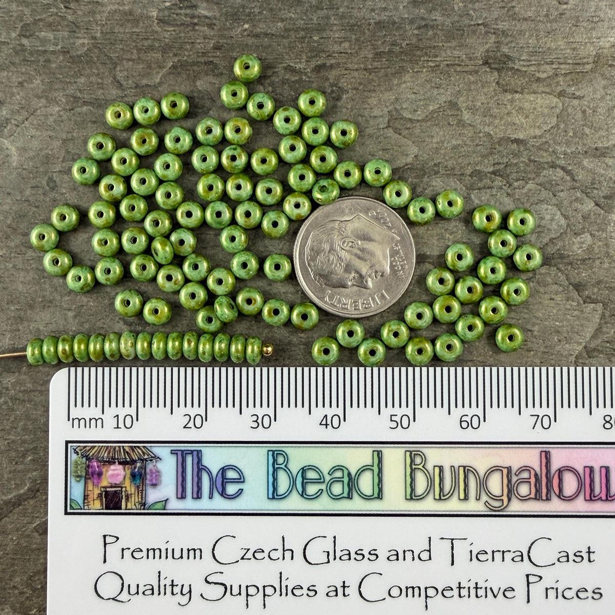 Czech Glass Beads - 2.25x4mm Heishi Rondelle, Bright Green Picasso Luster (951816) * 100 Beads