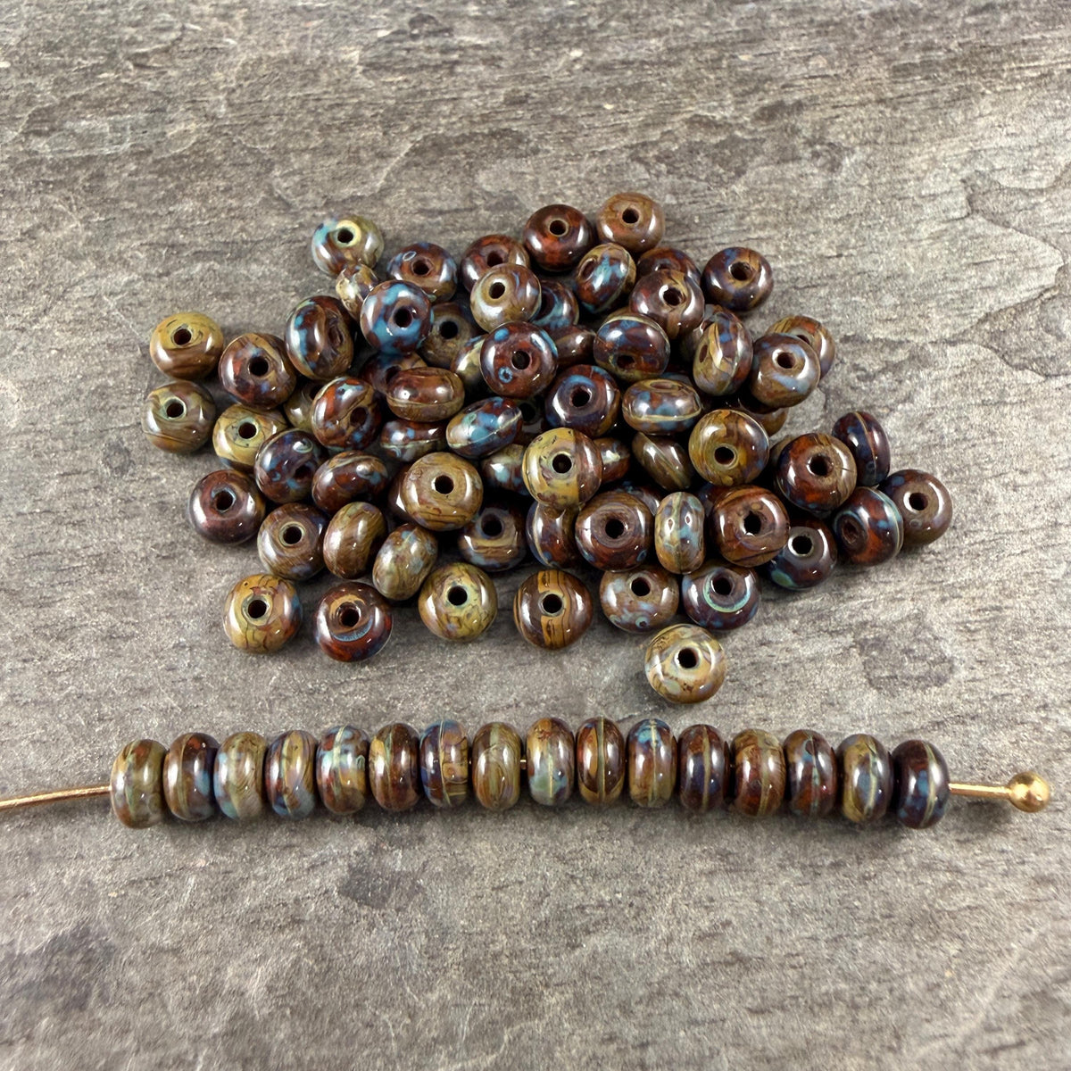 Czech Glass Beads - 2.25x4mm Heishi Rondelle, Olive Green and Brown Picasso (953335) * 100 Beads