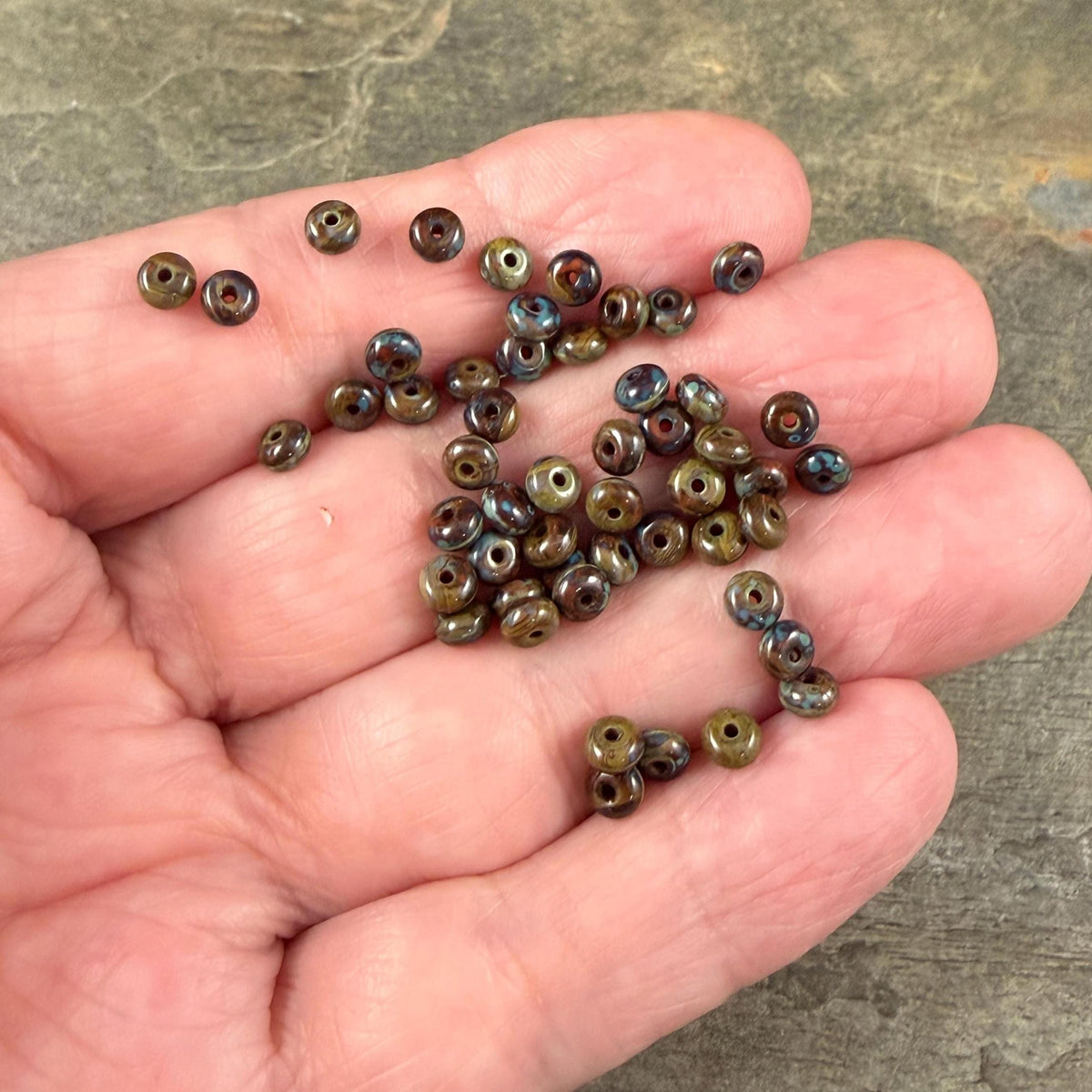 Czech Glass Beads - 2.25x4mm Heishi Rondelle, Olive Green and Brown Picasso (953335) * 100 Beads
