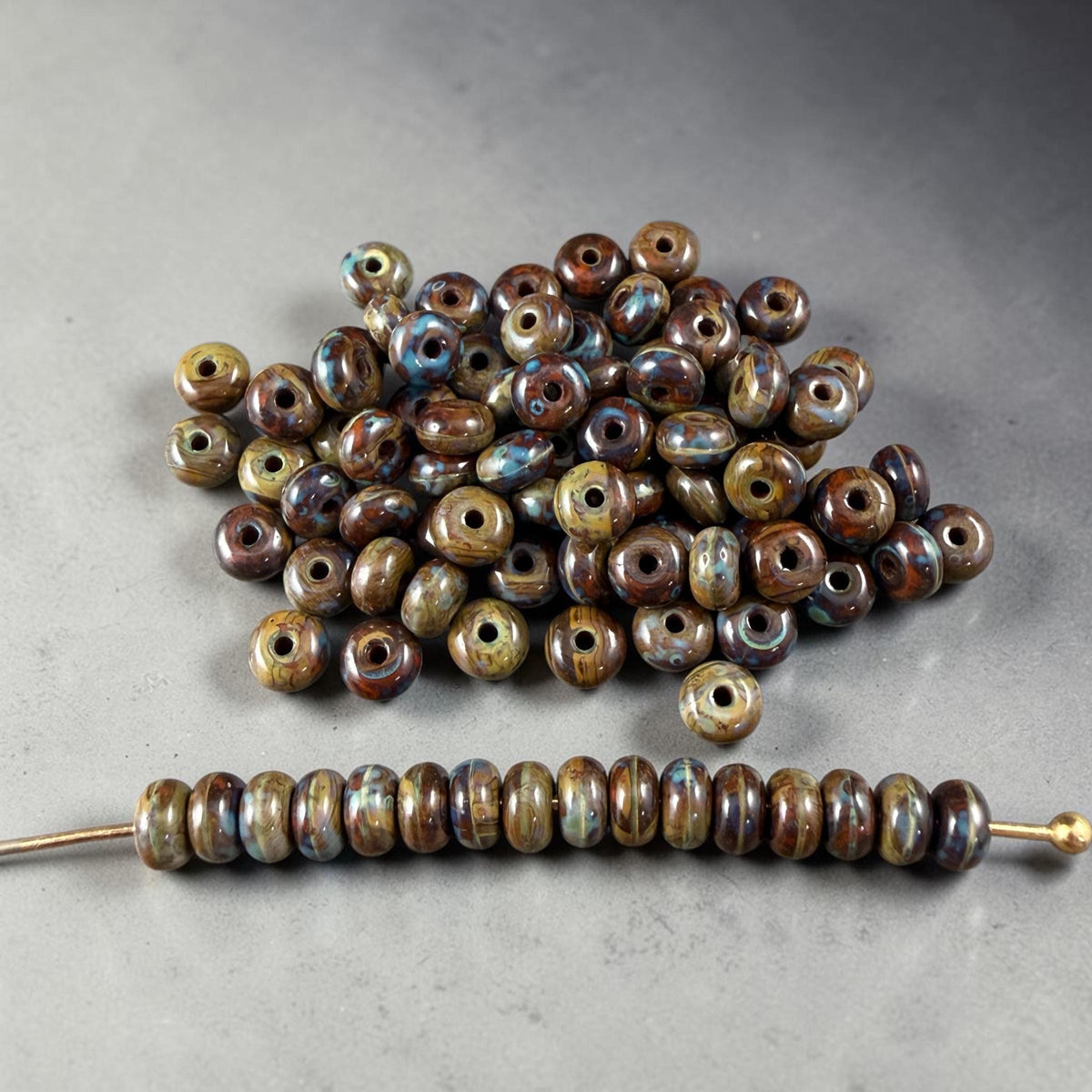 Czech Glass Beads - 2.25x4mm Heishi Rondelle, Olive Green and Brown Picasso (953335) * 100 Beads