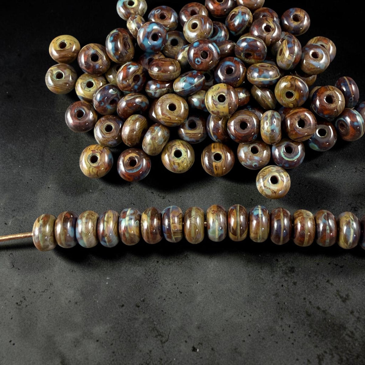 Czech Glass Beads - 2.25x4mm Heishi Rondelle, Olive Green and Brown Picasso (953335) * 100 Beads