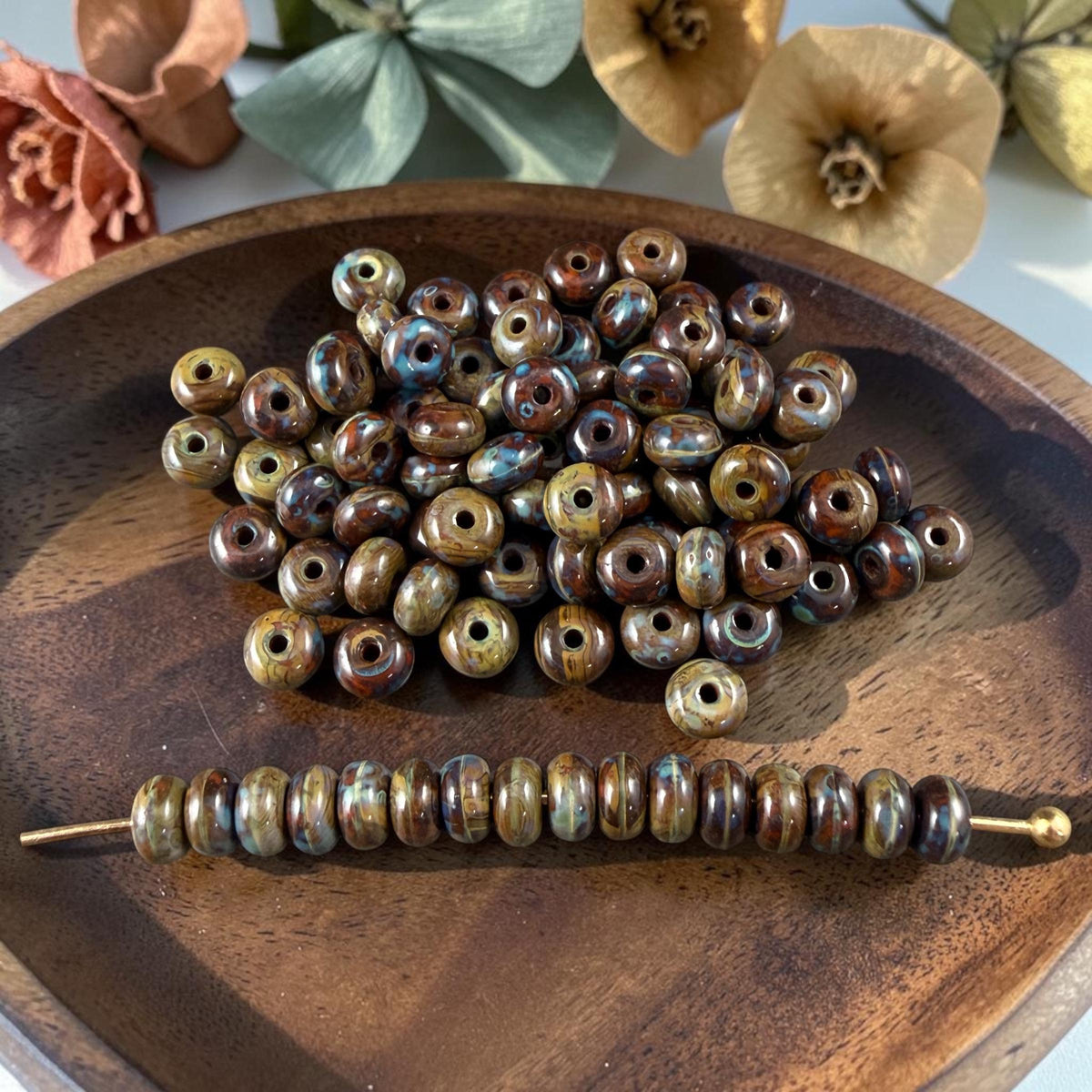 Czech Glass Beads - 2.25x4mm Heishi Rondelle, Olive Green and Brown Picasso (953335) * 100 Beads