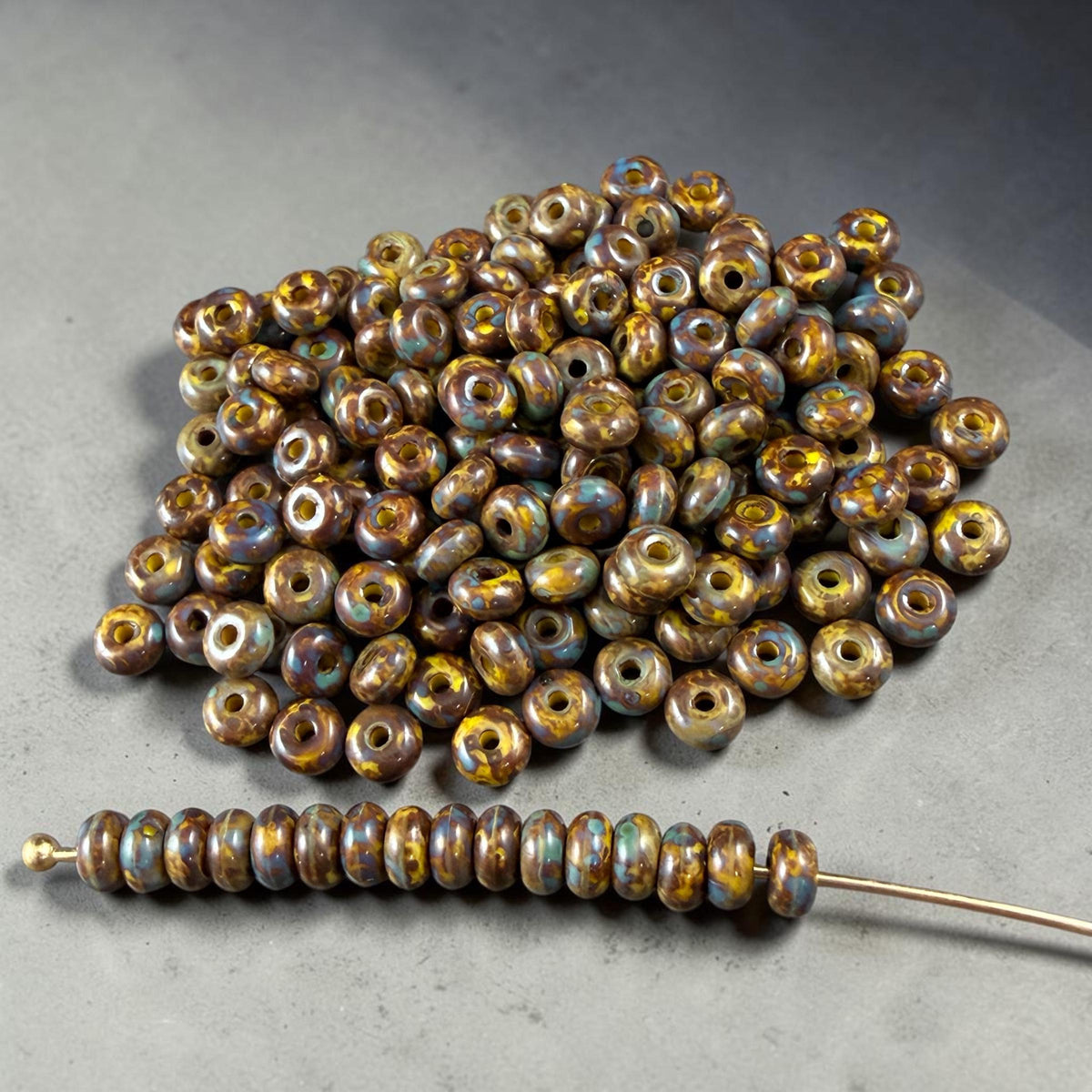 Czech Glass Beads - 2.25x4mm Heishi Rondelle, Yellow with Travertine Picasso (953819) * 100 Beads