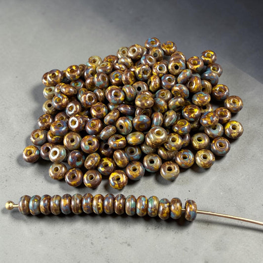 Czech Glass Beads - 2.25x4mm Heishi Rondelle, Yellow with Travertine Picasso (953819) * 100 Beads