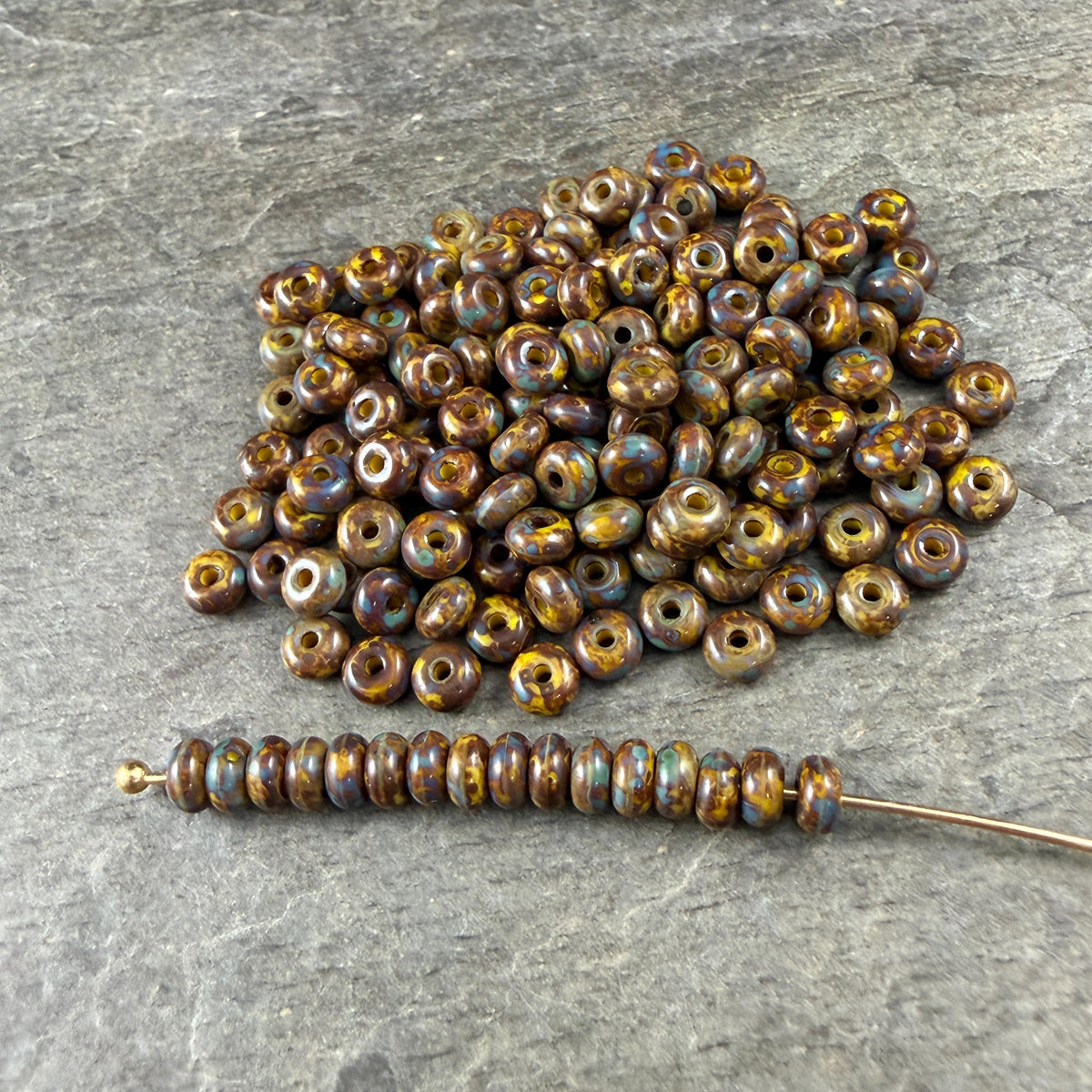 Czech Glass Beads - 2.25x4mm Heishi Rondelle, Yellow with Travertine Picasso (953819) * 100 Beads