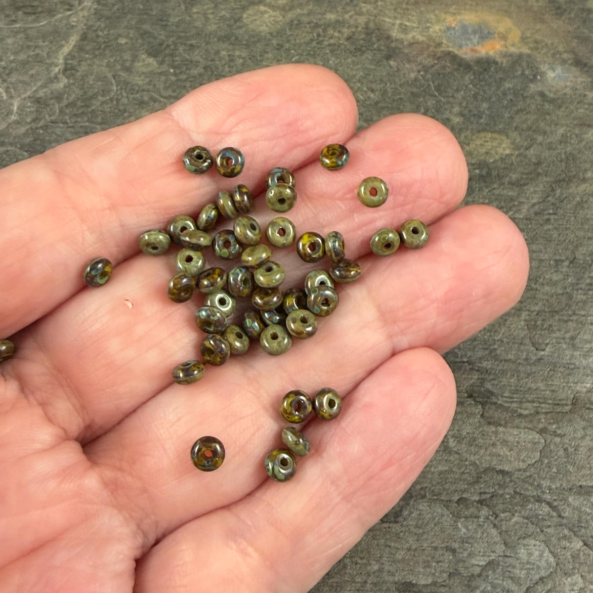 Czech Glass Beads - 2.25x4mm Heishi Rondelle, Khaki Green Picasso (952964) * 100 Beads