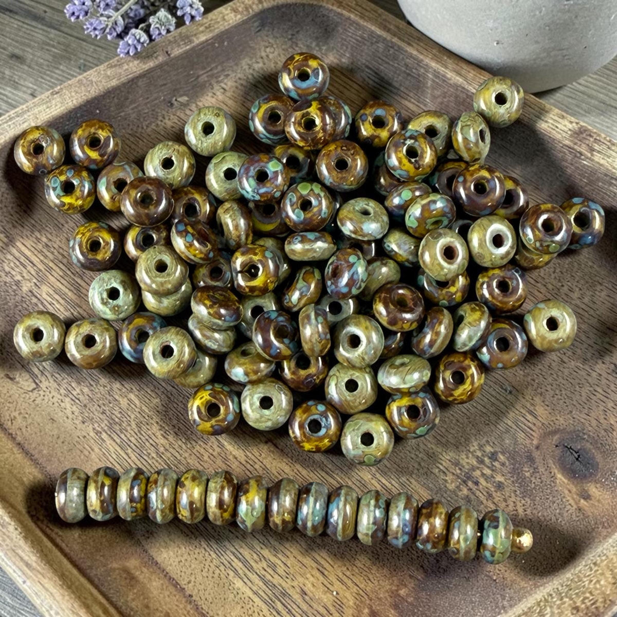 Czech Glass Beads - 2.25x4mm Heishi Rondelle, Khaki Green Picasso (952964) * 100 Beads
