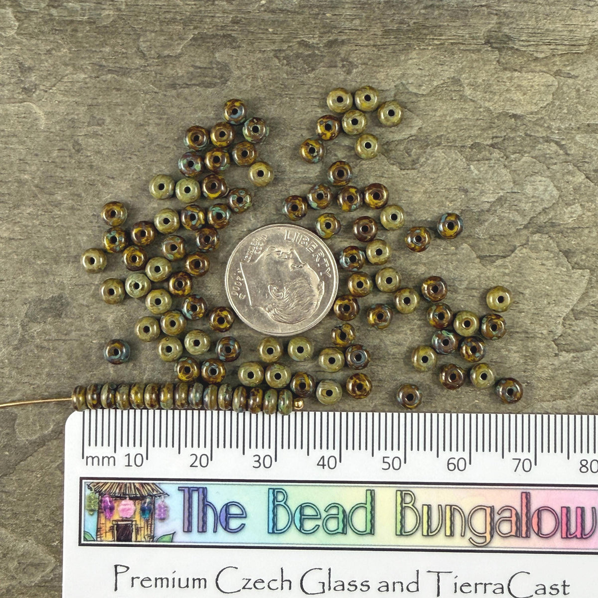 Czech Glass Beads - 2.25x4mm Heishi Rondelle, Khaki Green Picasso (952964) * 100 Beads