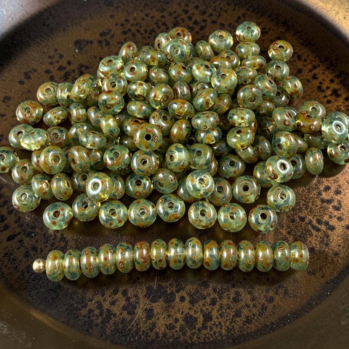 Czech Glass Beads - 2.25x4mm Heishi Rondelle, Peridot Green Picasso (952965) * 100 Beads