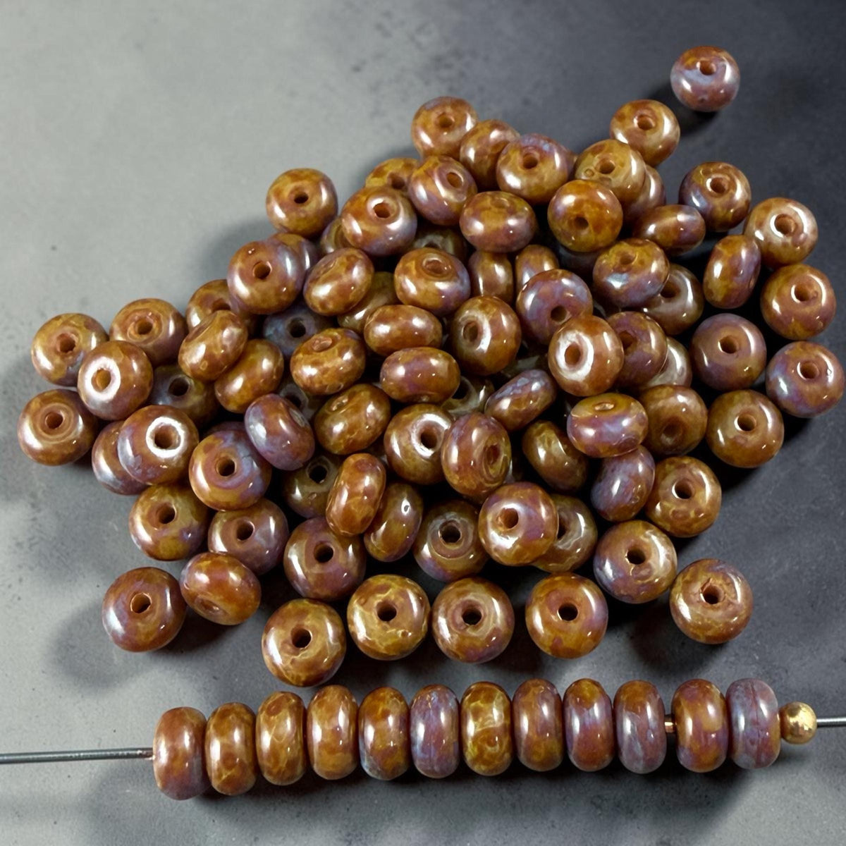 Czech Glass Beads - 2.25x4mm Heishi Rondelle, Brown and Purple Picasso (953817) * 100 Beads