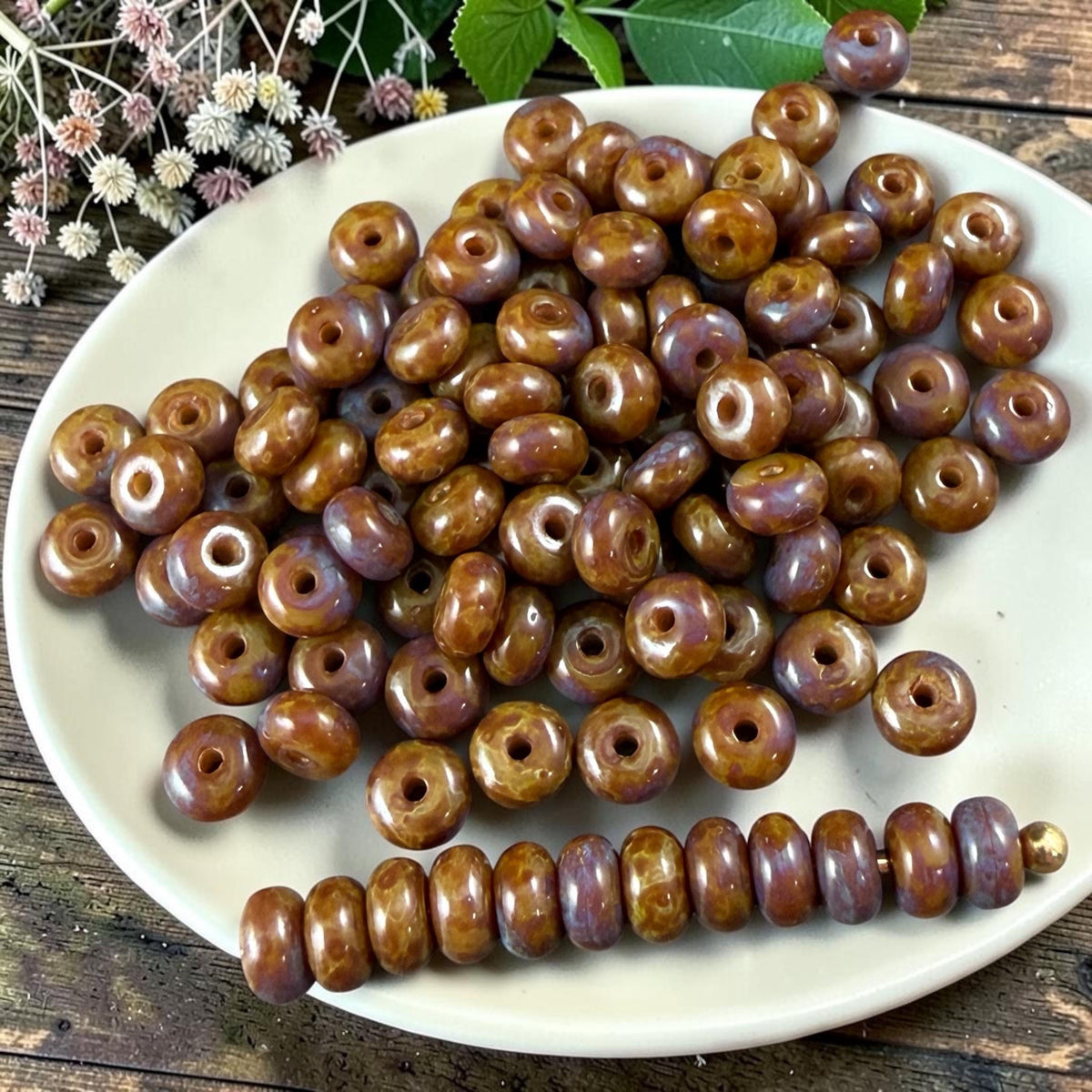 Czech Glass Beads - 2.25x4mm Heishi Rondelle, Brown and Purple Picasso (953817) * 100 Beads