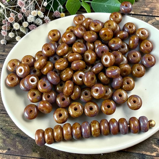 Czech Glass Beads - 2.25x4mm Heishi Rondelle, Brown and Purple Picasso (953817) * 100 Beads