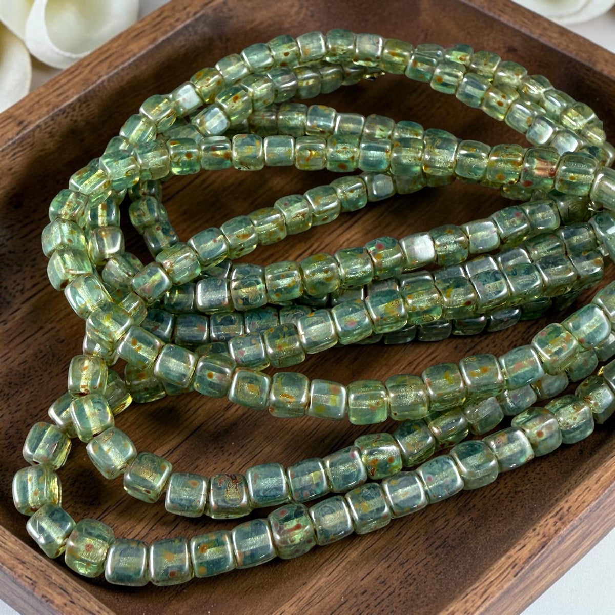 4mm Czech Glass Cube Beads, Transparent Sea Green with Picasso (CUB/N-2088) * Qty. 40