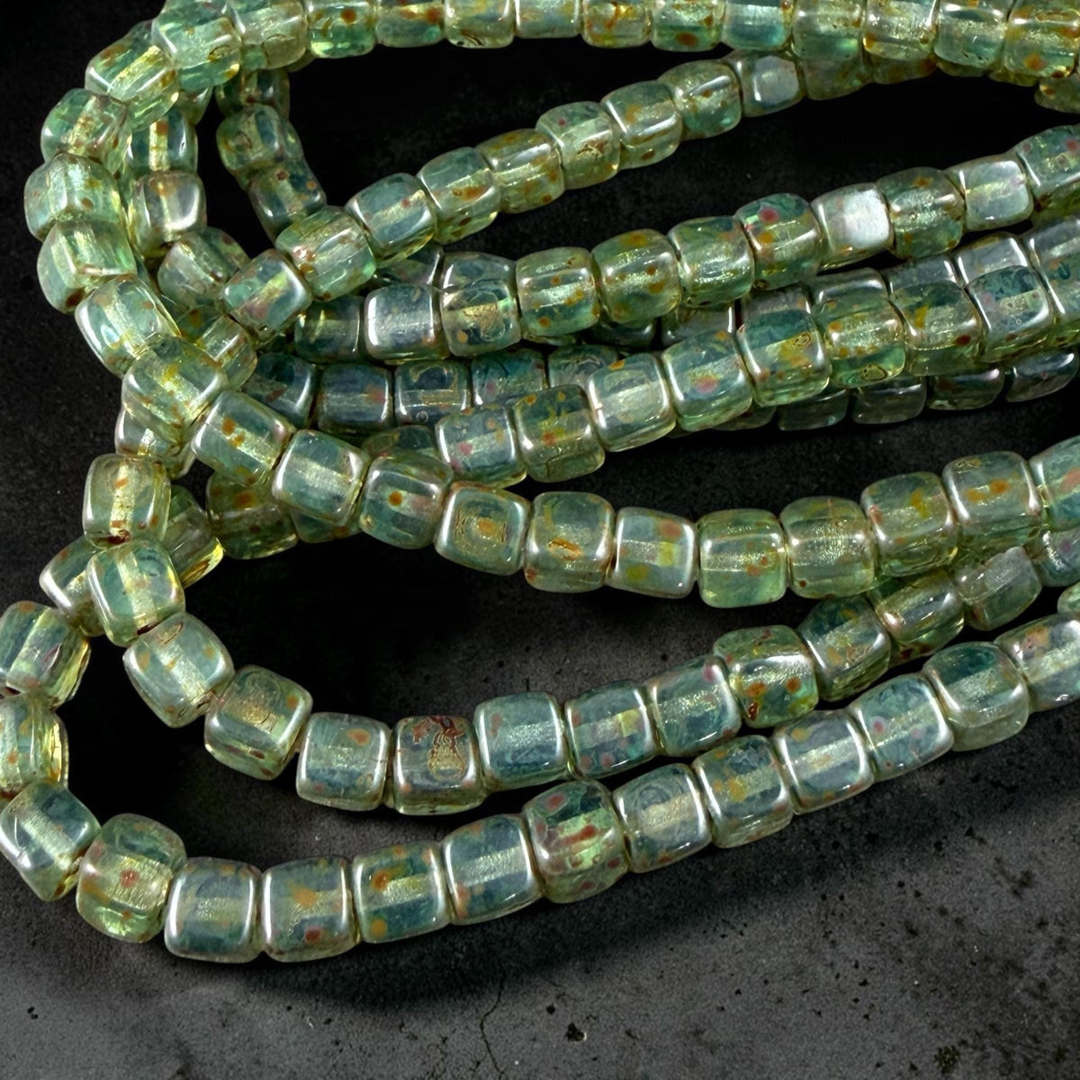 4mm Czech Glass Cube Beads, Transparent Sea Green with Picasso (CUB/N-2088) * Qty. 40