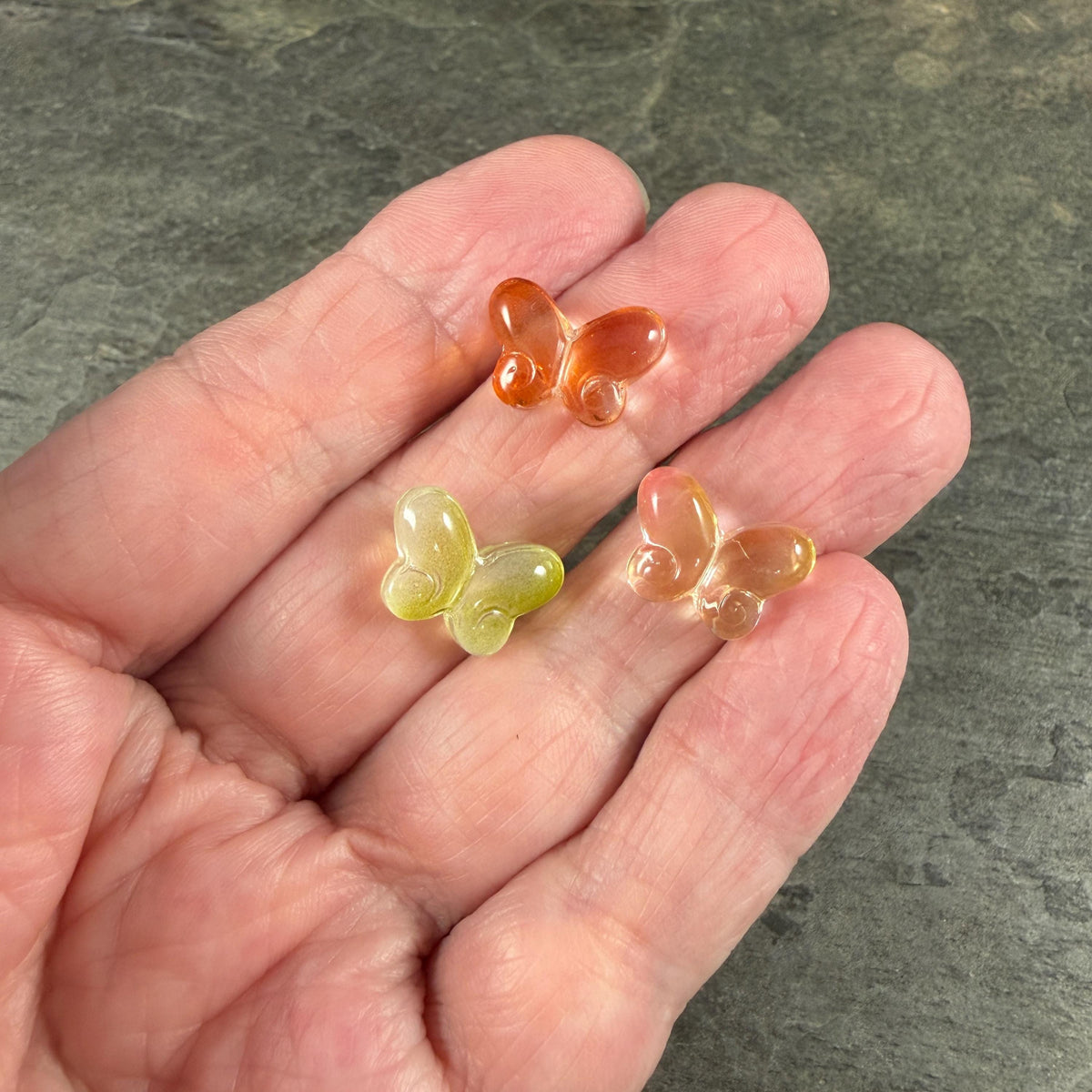 Colorful Mix of Glass Butterfly Beads, Pink, Yellow, Orange, Green - 14mm Puffy Butterfly Bead Pairs * Qty. 12