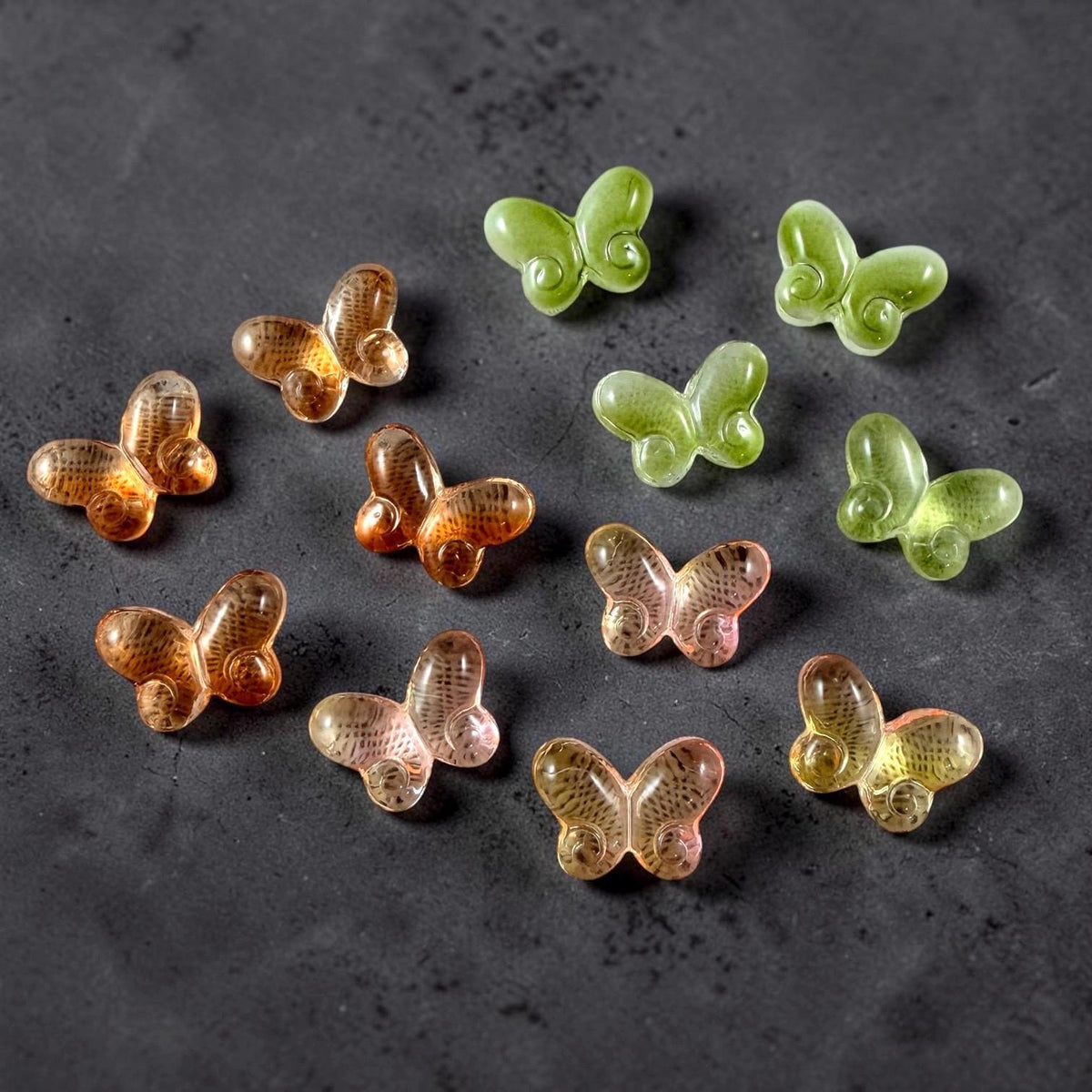 Colorful Mix of Glass Butterfly Beads, Pink, Yellow, Orange, Green - 14mm Puffy Butterfly Bead Pairs * Qty. 12