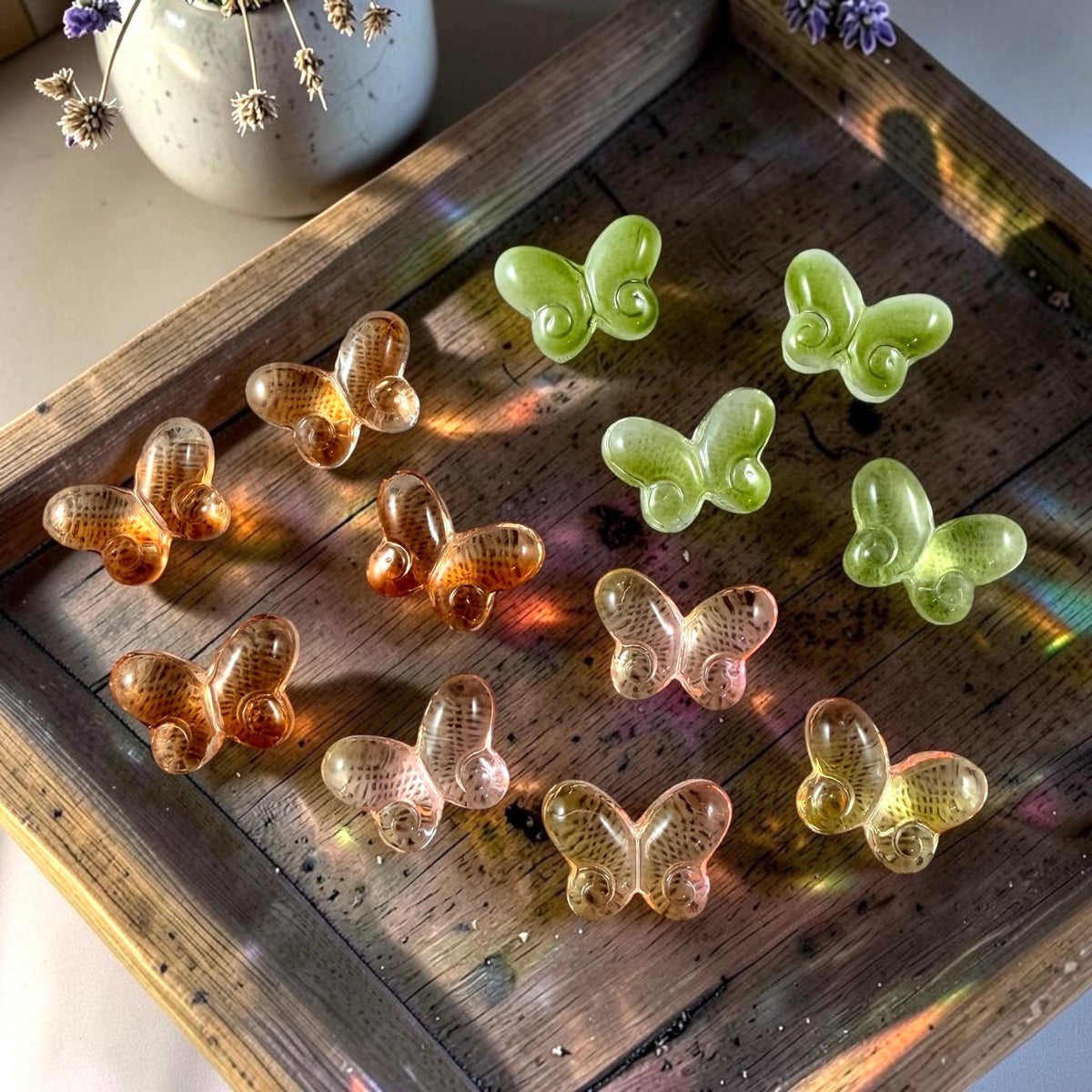 Colorful Mix of Glass Butterfly Beads, Pink, Yellow, Orange, Green - 14mm Puffy Butterfly Bead Pairs * Qty. 12