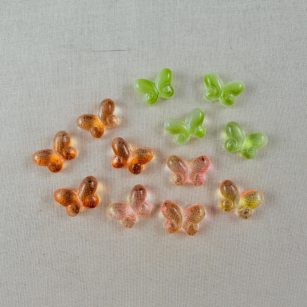 Colorful Mix of Glass Butterfly Beads, Pink, Yellow, Orange, Green - 14mm Puffy Butterfly Bead Pairs * Qty. 12