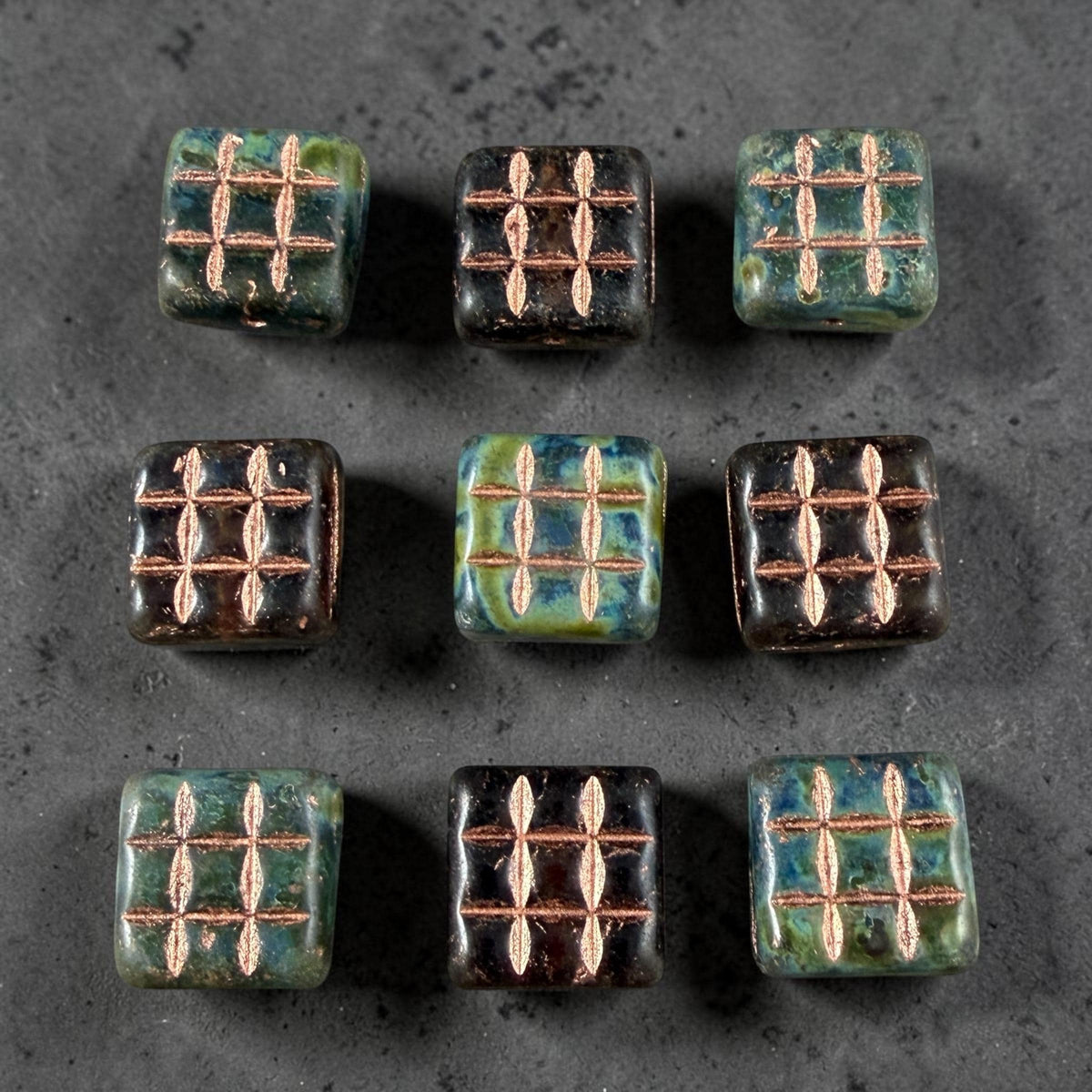 Czech Glass Beads - 13mm Square Blue, Green and Brown with Copper Wash (SQ13MxDk) * 8 Beads