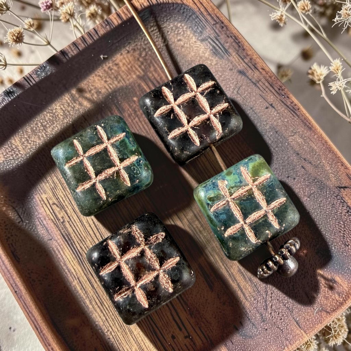 Czech Glass Beads - 13mm Square Blue, Green and Brown with Copper Wash (SQ13MxDk) * 8 Beads
