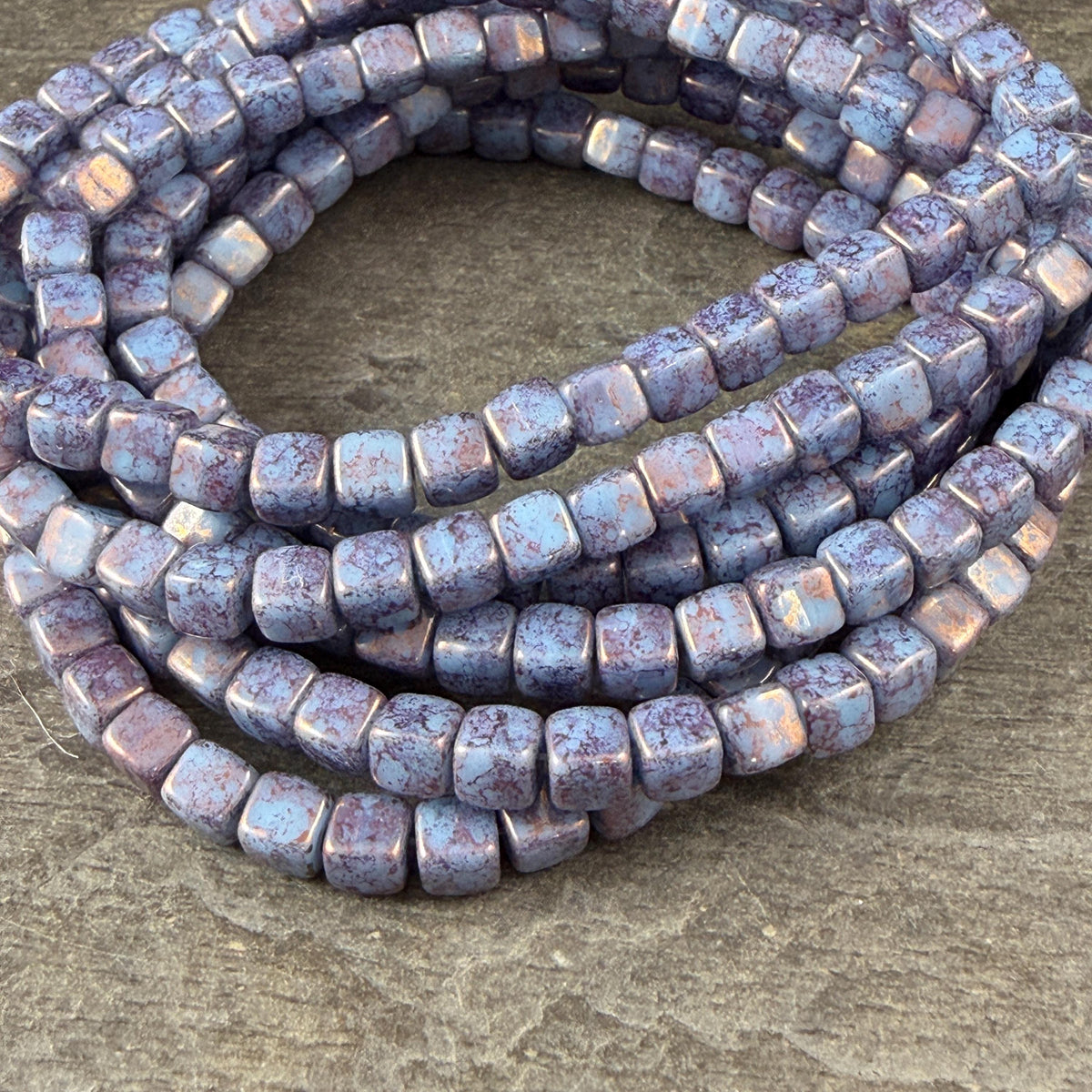 Czech Glass Beads - 4mm Cube Beads, Slate Blue with Purple Bronze Picasso (CUB/N-0822) * Qty. 40