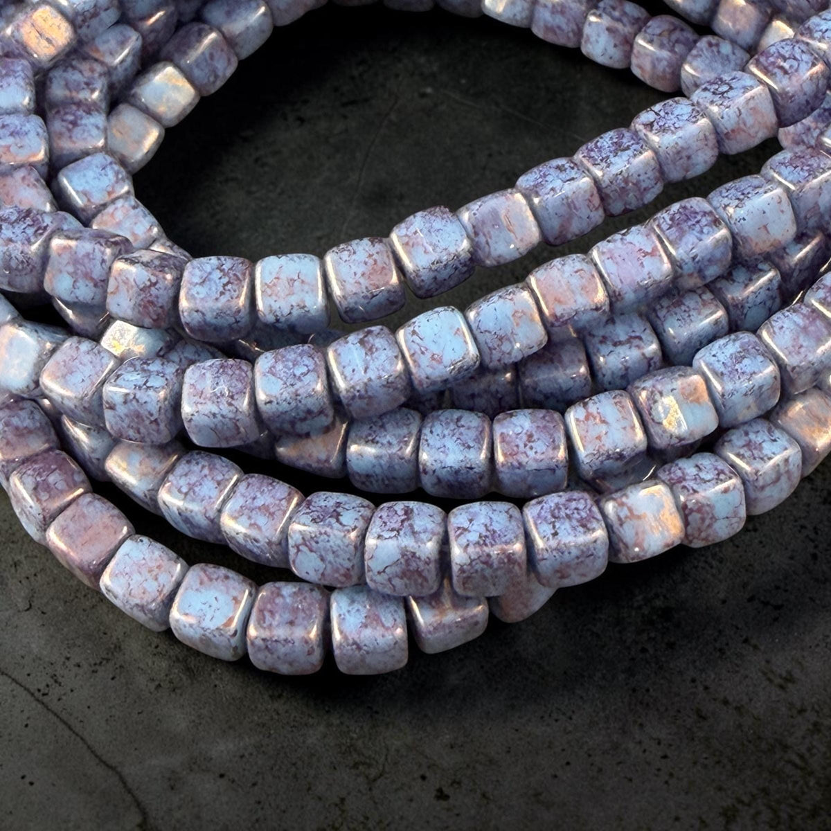 Czech Glass Beads - 4mm Cube Beads, Slate Blue with Purple Bronze Picasso (CUB/N-0822) * Qty. 40