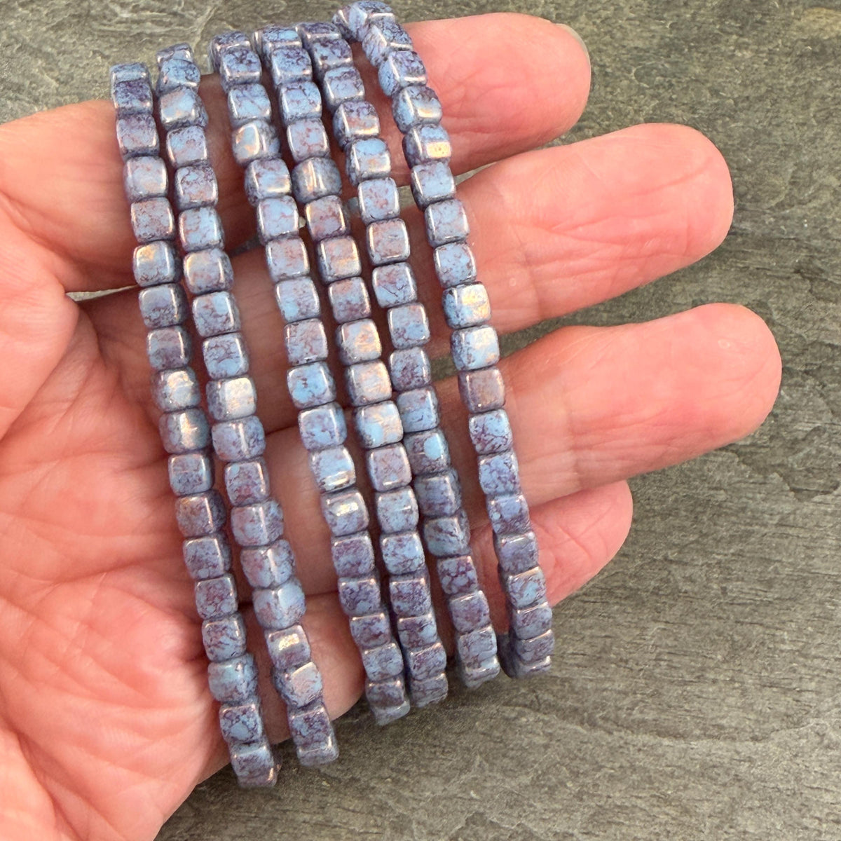 Czech Glass Beads - 4mm Cube Beads, Slate Blue with Purple Bronze Picasso (CUB/N-0822) * Qty. 40