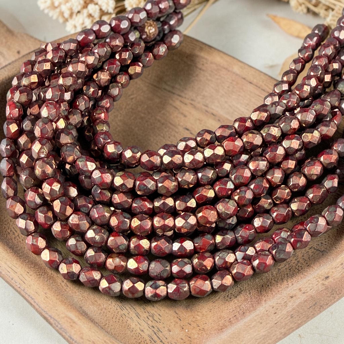 Czech Glass - 4mm Faceted Round Beads, Opaque Red with Bronze Picasso (FP4/SM-BT9320) * Qty 50
