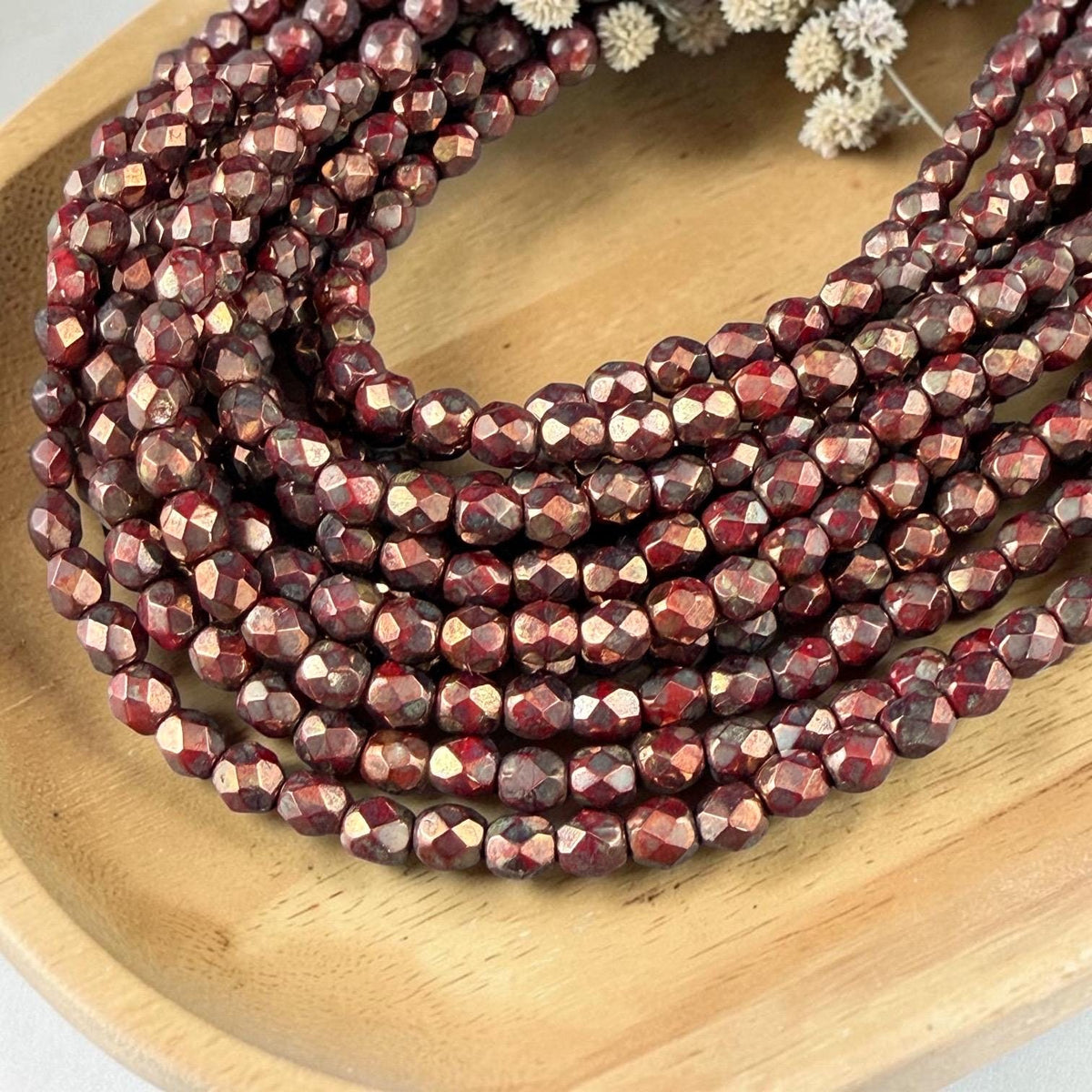 Czech Glass - 4mm Faceted Round Beads, Opaque Red with Bronze Picasso (FP4/SM-BT9320) * Qty 50