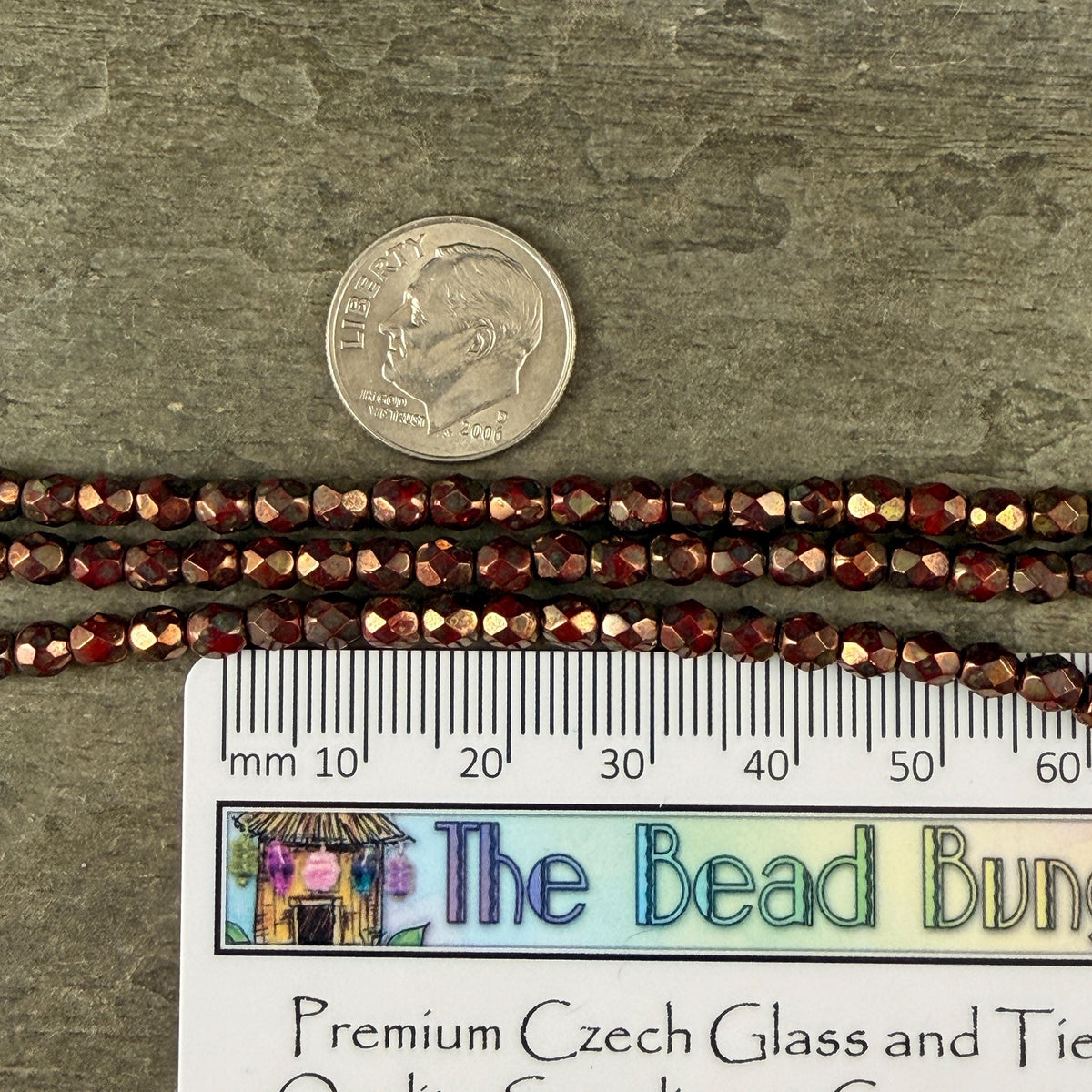 Czech Glass - 4mm Faceted Round Beads, Opaque Red with Bronze Picasso (FP4/SM-BT9320) * Qty 50