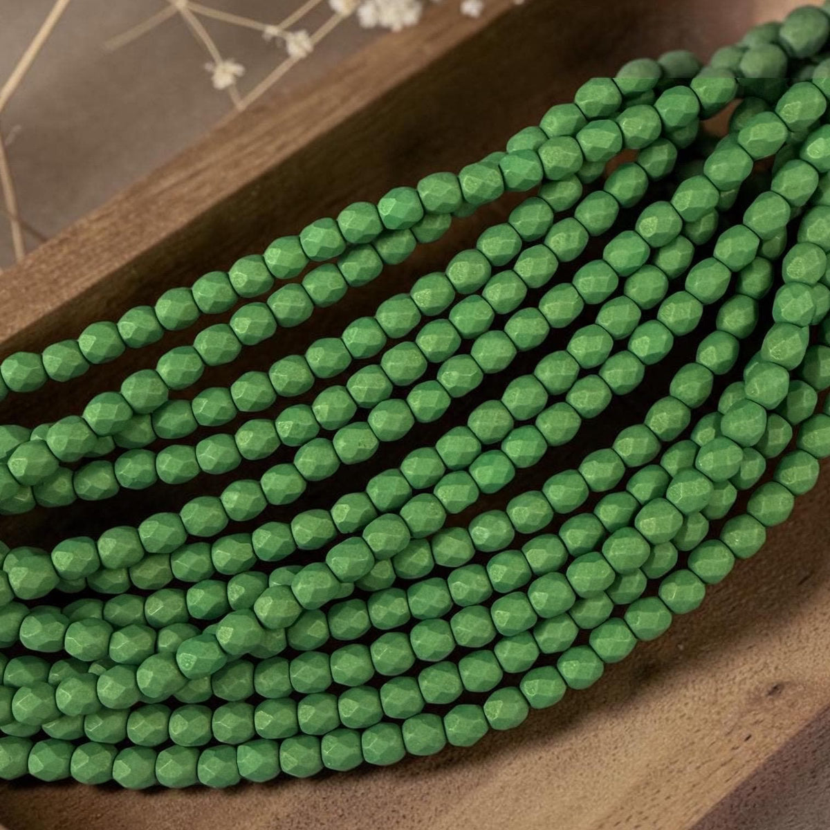 Czech Glass - 4mm Faceted Round Beads, Opaque Green Matte Finish (FP4/SM-29769) * Qty 50